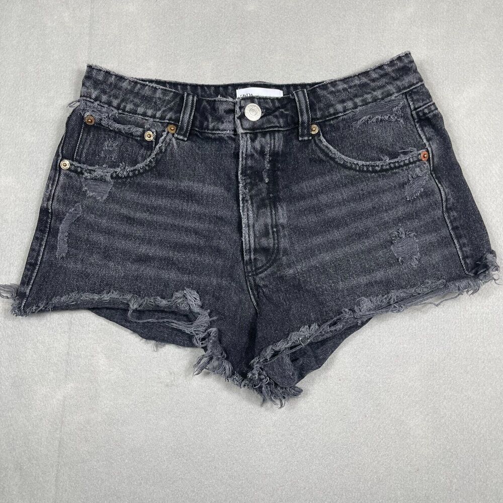 Zara Denim Shorts Women Size 4 Black High Rise Distressed Raw Hem Button Fly